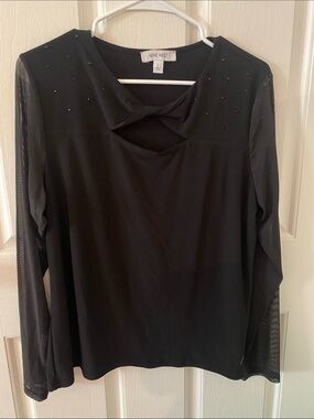 Nine West Black Twist-Front Long Sleeve Top with Sheer Sleeves